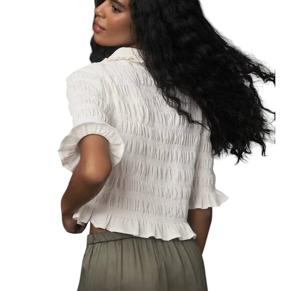 Anthropologie Maeve White Smocked Button Front Top - Picture 3 of 11